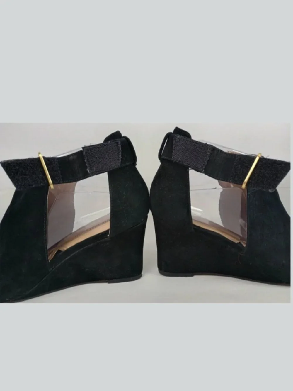 Adrienne Vittadini Women 8.5M Black Fine Leather‎ Suede Ankle Wedge Heel Sandals